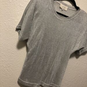 vtg cache top small s silver metallic 80s 70s made usa knit crew neck dressy g1